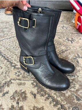 Vince Camuto Black Leather Mid-Calf Buckle Boots with Gold Hardware